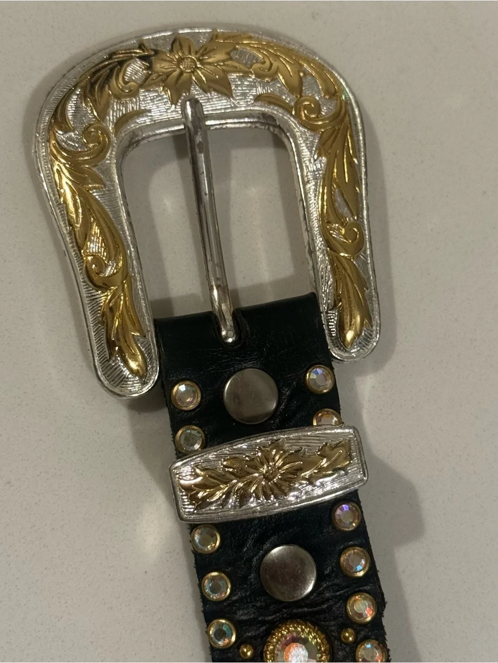 Kippys Black Crystal Belt with Silver and Gold Tone Buckle